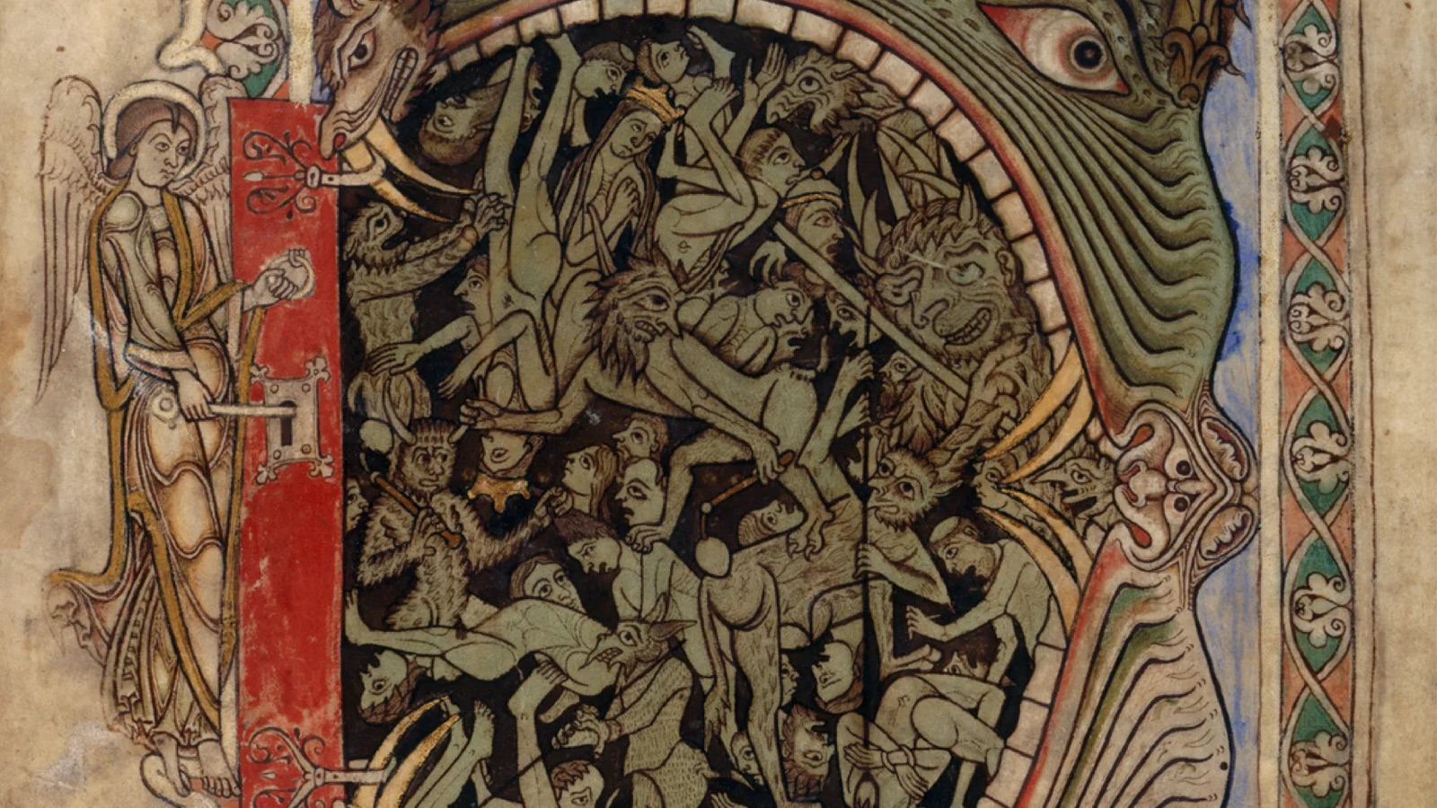 Medieval manuscript illumination of the mouth of Hell: an angel locks the door on a great beast's open jaws, crowded with demons and the damned, including a crowned king and queen